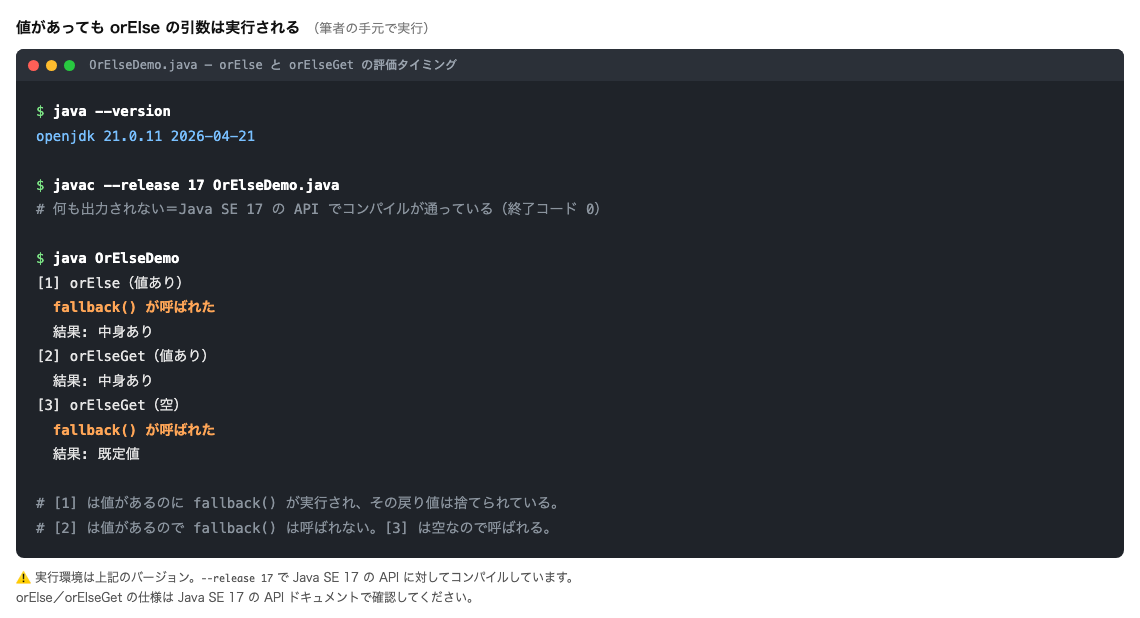 OrElseDemo.java を javac --release 17 でコンパイルして実行した結果。[1] orElse（値あり）では fallback() が呼ばれたと出力されたうえで結果は中身あり、[2] orElseGet（値あり）では呼ばれず、[3] orElseGet（空）では呼ばれて結果は既定値になっている